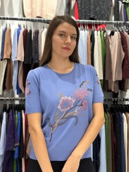 Wholesale Women's Knit Sweater Floral Embroidery Blue - 31725 | REEL TRİKO - Thumbnail