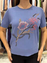 Wholesale Women's Knit Sweater Floral Embroidery Blue - 31725 | REEL TRİKO - Thumbnail