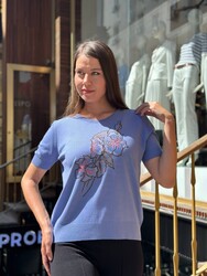 Wholesale Women's Knitted Sweater Floral Embroidery, Blue - 32883 | REEL TRİKO - Thumbnail