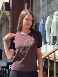 Wholesale Women's Knitted Sweater Floral Embroidery Brown - 32883 | REEL TRİKO - Thumbnail