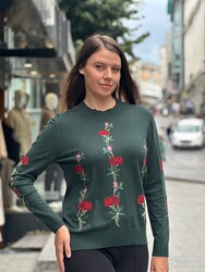 Wholesale Women's Knitted Sweater Floral Embroidery - Dark Green - 16285 | REEL TRİKO - Thumbnail