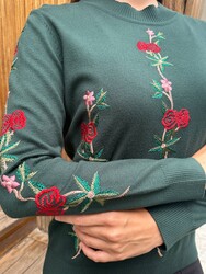 Wholesale Women's Knitted Sweater Floral Embroidery - Dark Green - 16285 | REEL TRİKO - Thumbnail