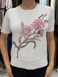 Wholesale Women's Knit Sweater Floral Embroidery Ecru - 31725 | REEL TRİKO - Thumbnail