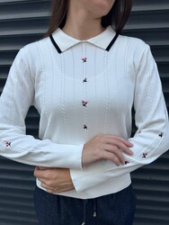 Wholesale Women's Knitted Sweater Floral Embroidery Ecru - 32180 | REEL TRİKO 1993 - Thumbnail