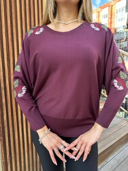 Wholesale Women's Knitted Sweater Floral Embroidery, Fuchsia - 32393 | REEL TRİKO - 2