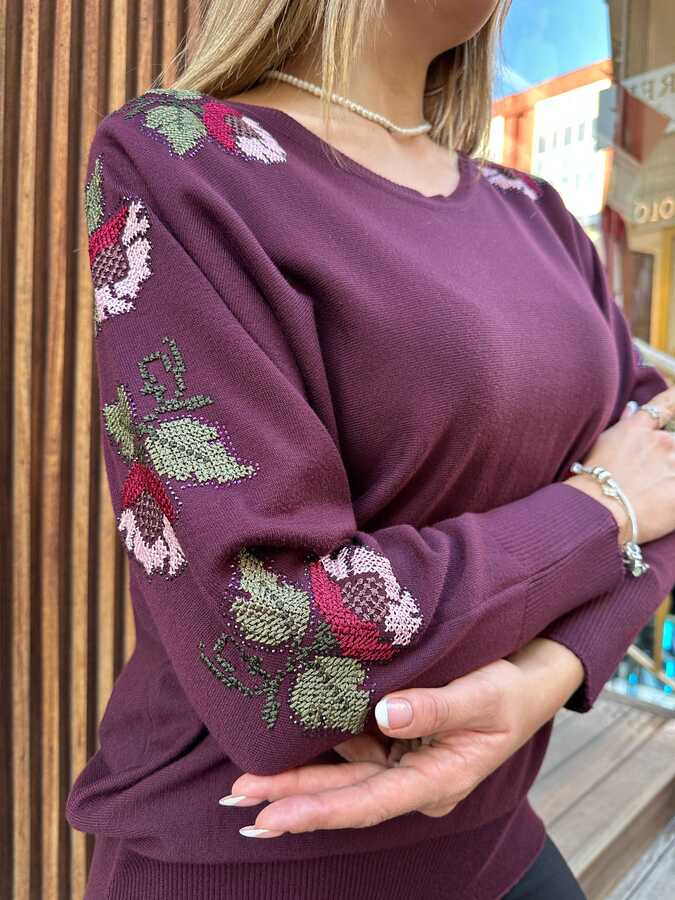 Wholesale Women's Knitted Sweater Floral Embroidery, Fuchsia - 32393 | REEL TRİKO - 3