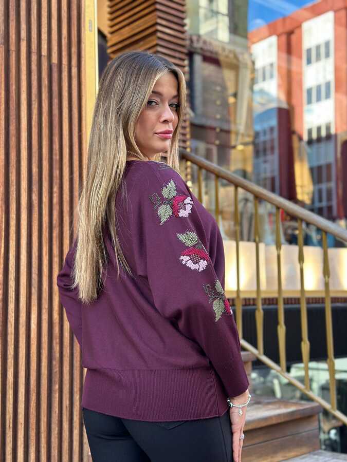Wholesale Women's Knitted Sweater Floral Embroidery, Fuchsia - 32393 | REEL TRİKO - 4