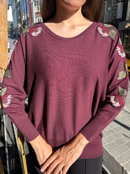 Wholesale Women's Knitted Sweater Floral Embroidery, Fuchsia - 32393 | REEL TRİKO - Thumbnail