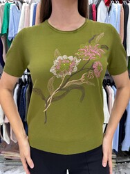Wholesale Women's Green Knit Sweater Floral Embroidery - 31725 | REEL TRİKO - Thumbnail