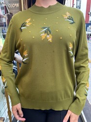 Wholesale Women's Knit Sweater Floral Embroidery - Green - 31944 | REEL TRİKO - Thumbnail