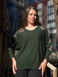 Wholesale Women's Knitted Sweater Floral Embroidery, Green - 32393 | REEL TRİKO - Thumbnail