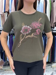 Wholesale Women's Knit Sweater Floral Embroidery Khaki - 31725 | REEL TRİKO - Thumbnail