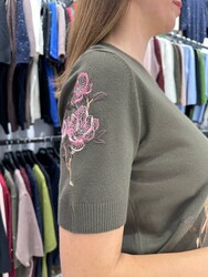 Wholesale Women's Knit Sweater Floral Embroidery Khaki - 31725 | REEL TRİKO - Thumbnail