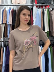 Wholesale Women's Knitted Sweater Floral Embroidery - Mink - 31725 | REEL TRİKO - Thumbnail