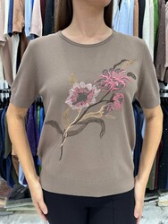 Wholesale Women's Knitted Sweater Floral Embroidery - Mink - 31725 | REEL TRİKO - Thumbnail
