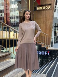Wholesale Women's Knit Sweater Floral Embroidery - Mink - 32164 | REEL TRİKO - Thumbnail