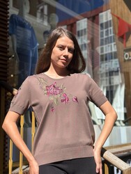 Wholesale Women's Knitted Sweater Floral Embroidery, Mink - 32307 | REEL TRİKO - Thumbnail