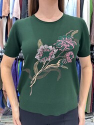 Wholesale Women's Knitted Sweater Floral Embroidery - Dark Green - 31725 | REEL TRİKO - Thumbnail