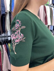 Wholesale Women's Knitted Sweater Floral Embroidery - Dark Green - 31725 | REEL TRİKO - Thumbnail