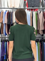 Wholesale Women's Knitted Sweater Floral Embroidery - Dark Green - 31725 | REEL TRİKO - Thumbnail