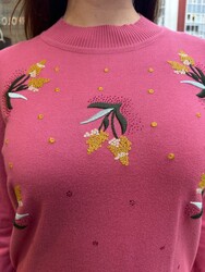 Wholesale Women's Knit Sweater Floral Embroidery Pink - 31944 | REEL TRİKO - Thumbnail