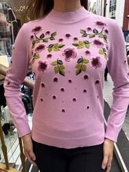 Wholesale Women's Knit Sweater Floral Embroidery Pink - 31945 | REEL TRİKO - Thumbnail