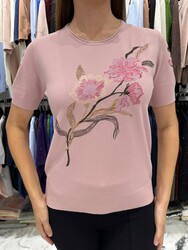 Wholesale Women's Powder-Colored Knit Sweater Floral Embroidery - 31725 | REEL TRİKO - Thumbnail