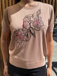 Wholesale Women's Knitted Sweater Floral Embroidery Powder - 32883 | REEL TRİKO - Thumbnail