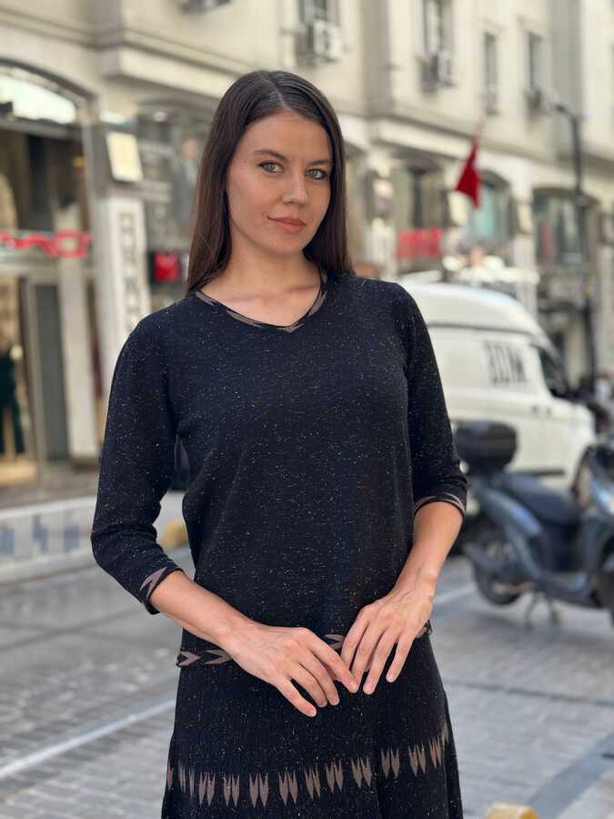 Reel Triko - Wholesale Women's Knitted Sweater -Glitter Trim, Black and Mink - 31554 | REEL TRİKO
