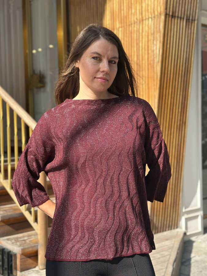 Reel Triko - Wholesale Women's Knitted Sweater Glitter Trim Burgundy - 32874 | REEL TRİKO 1993