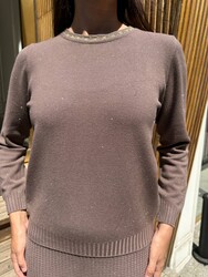 Wholesale Women's Knitted Sweater with Glitter Trim, Mink - 32350 | REEL TRİKO - Thumbnail