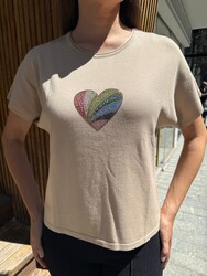 Wholesale Women's Knitted Sweater Heart Embroidery, Beige - 32870 | REEL TRİKO - Thumbnail
