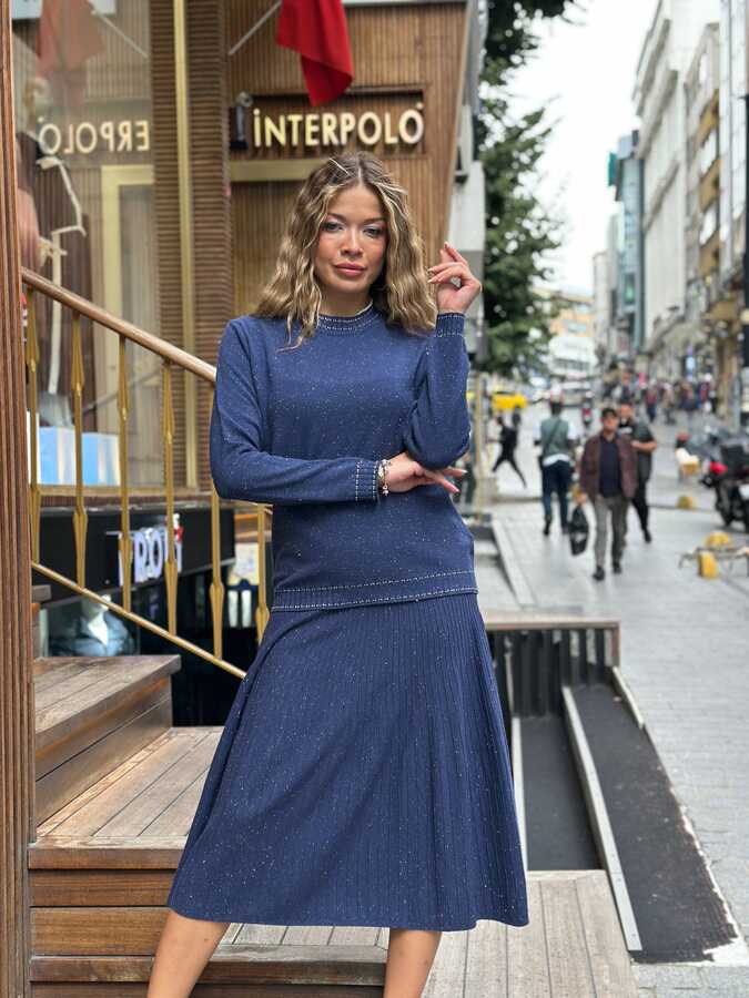 Reel Triko - Wholesale Women's High Neck Knit Sweater - Indigo - 31628 | REEL TRİKO