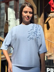 Wholesale Women's Knitted Sweater Leaf Embroidery, Blue - 32881 | REEL TRİKO - Thumbnail