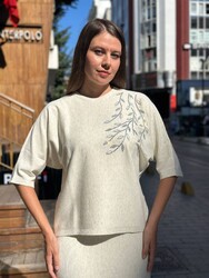 Wholesale Women's Knitted Sweater Leaf Embroidered - Ecru - 32881 | REEL TRİKO - Thumbnail
