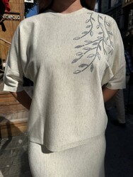 Wholesale Women's Knitted Sweater Leaf Embroidered - Ecru - 32881 | REEL TRİKO - Thumbnail