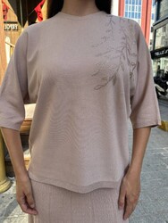 Wholesale Women's Knitted Sweater Leaf Embroidery, Powder Pink - 32881 | REEL TRİKO - Thumbnail