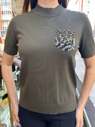 Wholesale Women's Knit Sweater Leopard Pocket Detail Khaki – 32348 | REEL TRİKO - Thumbnail