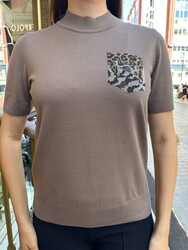 Wholesale Women's Knit Sweater Leopard Pocket Detail - Mink - 32348 | REEL TRİKO - Thumbnail