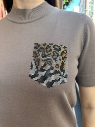 Wholesale Women's Knit Sweater Leopard Pocket Detail - Mink - 32348 | REEL TRİKO - Thumbnail
