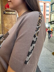 Wholesale Women's Knit Sweater Leopard Pocket Detail - Mink - 32348 | REEL TRİKO - Thumbnail