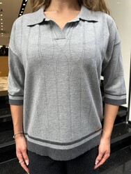 Wholesale Women's Grey Polo-Neck Knit Sweater - 32897 | REEL TRİKO - Thumbnail