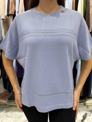 Wholesale Women's Blue Knit Sweater with Ribbon Detail - 32411 | REEL TRİKO - Thumbnail