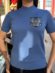 Wholesale Women's Short-Sleeve Knit Sweater Blue - 31552 | REEL TRİKO - Thumbnail