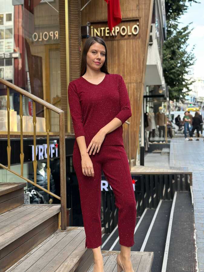 Reel Triko - Wholesale Women's Short-Sleeve Burgundy Knit Sweater - 31515 | REEL TRİKO