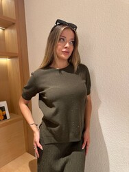 Wholesale Women's Short-Sleeve Knitted Sweater, Khaki - 32406 | REEL TRİKO - Thumbnail
