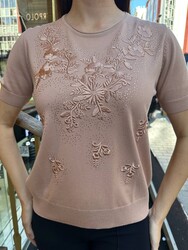 Wholesale Women's Knit Sweater Short Sleeve - Powder Pink - 31721 | REEL TRİKO - Thumbnail
