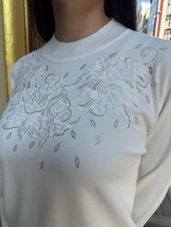 Wholesale Women's Knitted Sweater Stand-Up Collar Ecru - 32607 | REEL TRİKO 1993 - Thumbnail