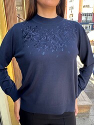 Wholesale Women's Knitted Sweater Stand-Up Collar, Navy Blue - 32607 | REEL TRİKO 1993 - Thumbnail