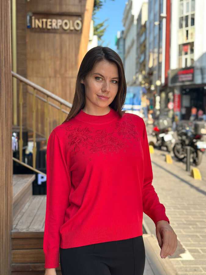 Reel Triko - Wholesale Women's Knitted Sweater Stand-Up Collar Red - 32607 | REEL TRİKO 1993